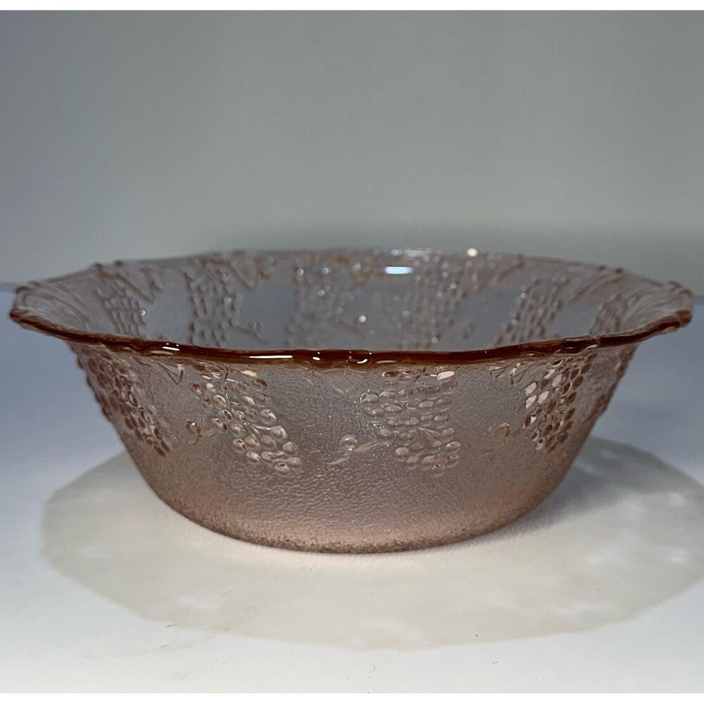 Vintage Pink Depression Pressed Glass 7” Bowl with Textured Grape Motif